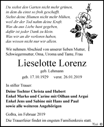 Traueranzeige von Lieselotte Lorenz von Super Sonntag Zeitz