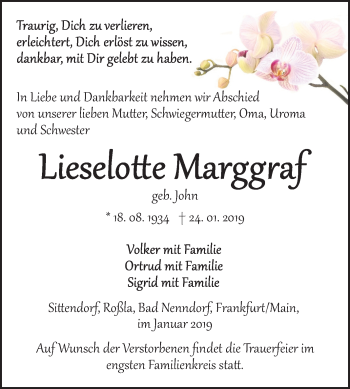 Traueranzeige von Lieselotte Marggraf von Mitteldeutsche Zeitung Sangerhausen