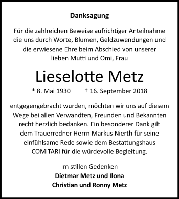 Traueranzeige von Lieselotte Metz von Mitteldeutsche Zeitung Zeitz