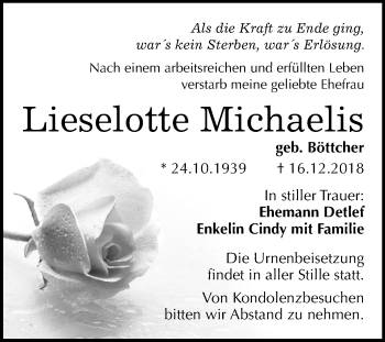 Traueranzeige von Lieselotte Michaelis von Mitteldeutsche Zeitung Bernburg