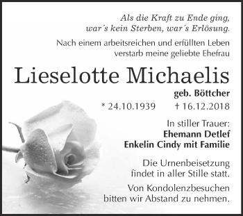 Traueranzeige von Lieselotte Michaelis von Super Sonntag Bernburg