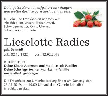 Traueranzeige von Lieselotte Radies von WVG - Wochenspiegel Merseburg