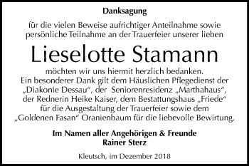 Traueranzeige von Lieselotte Stamann von Mitteldeutsche Zeitung Dessau-Roßlau
