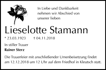 Traueranzeige von Lieselotte Stamann von Mitteldeutsche Zeitung Dessau-Roßlau
