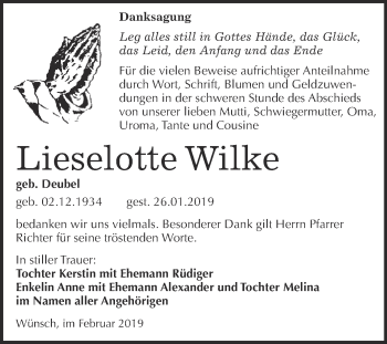 Traueranzeige von Lieselotte Wilke von Super Sonntag Merseburg