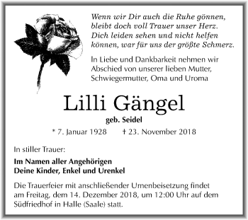 Traueranzeige von Lilli Gängel von Mitteldeutsche Zeitung Halle/Saalkreis