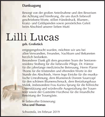 Traueranzeige von Lilli Lucas von WVG - Wochenspiegel SGH
