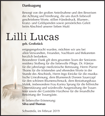 Traueranzeige von Lilli Lucas von Mitteldeutsche Zeitung Sangerhausen