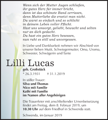 Traueranzeige von Lilli Lucas von Mitteldeutsche Zeitung Sangerhausen