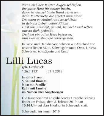 Traueranzeige von Lilli Lucas von WVG - Wochenspiegel SGH