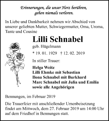 Traueranzeige von Lilli Schnabel von Mitteldeutsche Zeitung Sangerhausen