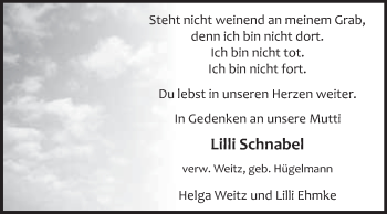 Traueranzeige von Lilli Schnabel von Super Sonntag SGH Mansf. Land