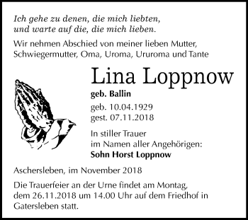 Traueranzeige von Lina Loppnow von Mitteldeutsche Zeitung Aschersleben