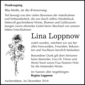 Traueranzeige von Lina Loppnow von Mitteldeutsche Zeitung Aschersleben