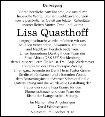 Traueranzeige von Lisa Quasthoff von Mitteldeutsche Zeitung Quedlinburg