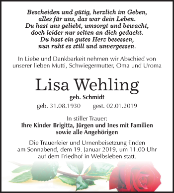 Traueranzeige von Lisa Wehling von Mitteldeutsche Zeitung Aschersleben