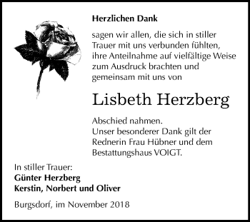 Traueranzeige von Lisbeth Herzberg von Mitteldeutsche Zeitung Mansfelder Land