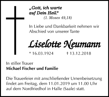 Traueranzeige von Liselotte Neumann von Mitteldeutsche Zeitung Halle/Saalkreis