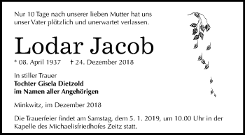 Traueranzeige von Lodar Jacob von Mitteldeutsche Zeitung Zeitz