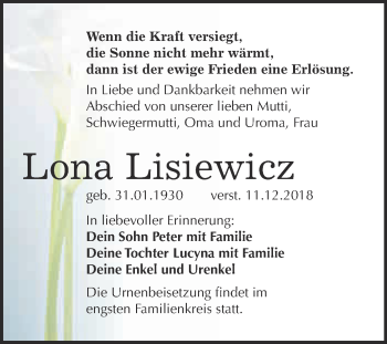 Traueranzeige von Lona Lisiewicz von WVG - Wochenspiegel NMB / WSF / ZTZ