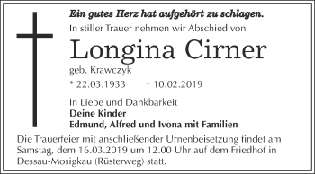 Traueranzeige von Longina Cirner von WVG - Wochenspiegel Dessau / Köthen