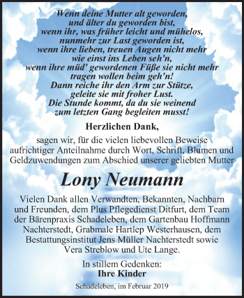 Traueranzeige von Lony Neumann von Mitteldeutsche Zeitung Aschersleben