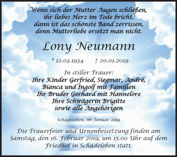 Traueranzeige von Lony Neumann von Super Sonntag Aschersleben