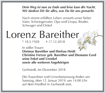 Traueranzeige von Lorenz Bareither von Mitteldeutsche Zeitung Mansfelder Land