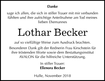 Traueranzeige von Lothar Becker von Mitteldeutsche Zeitung Halle/Saalkreis