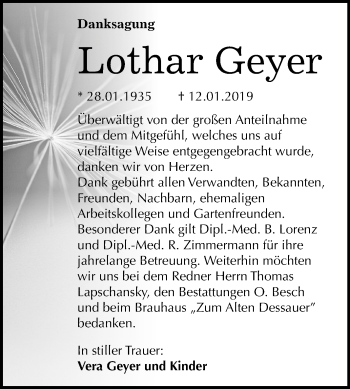 Traueranzeige von Lothar Geyer von Mitteldeutsche Zeitung Dessau-Roßlau