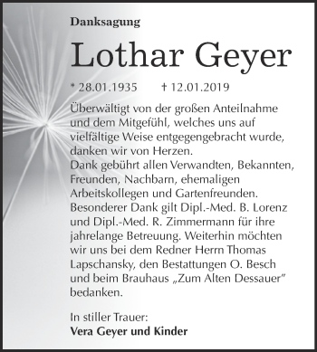 Traueranzeige von Lothar Geyer von WVG - Wochenspiegel Dessau / Köthen