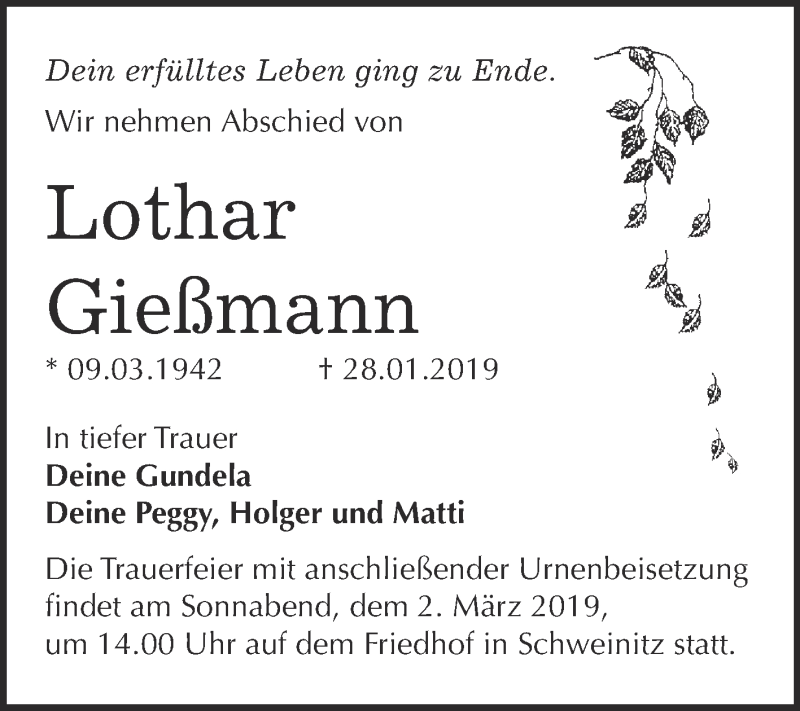  Traueranzeige für Lothar Gießmann vom 23.02.2019 aus WVG - Wochenspiegel Wittenberg
