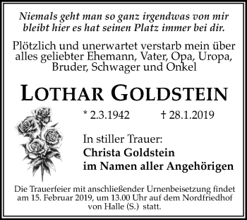 Traueranzeige von Lothar Goldstein von Mitteldeutsche Zeitung Halle/Saalkreis