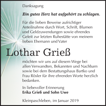 Traueranzeige von Lothar Grieß von Mitteldeutsche Zeitung Köthen