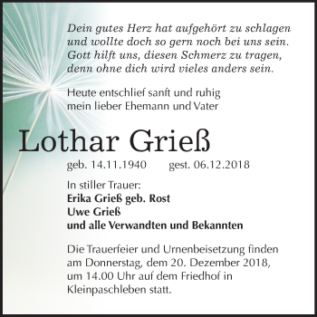 Traueranzeige von Lothar Grieß von Mitteldeutsche Zeitung Köthen