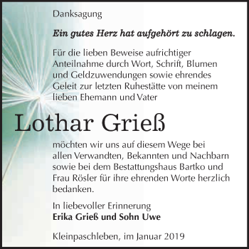 Traueranzeige von Lothar Grieß von WVG - Wochenspiegel Dessau / Köthen