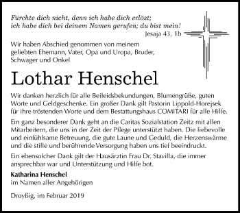 Traueranzeige von Lothar Wilhelm Ludwig Henschel von Mitteldeutsche Zeitung