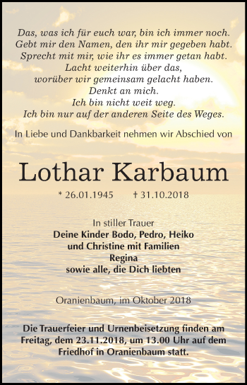 Traueranzeige von Lothar Karbaum von Mitteldeutsche Zeitung Wittenberg