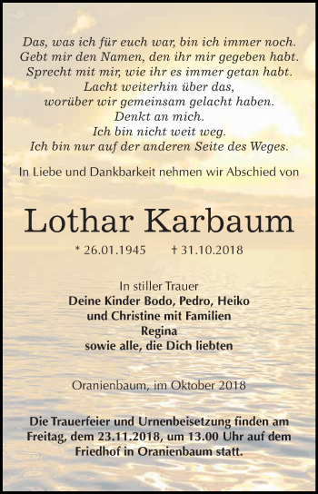 Traueranzeige von Lothar Karbaum von WVG - Wochenspiegel Wittenberg