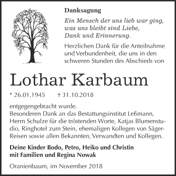 Traueranzeige von Lothar Karbaum von WVG - Wochenspiegel Dessau / Köthen