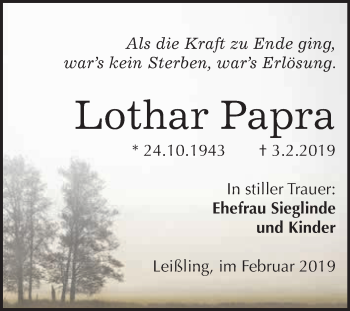 Traueranzeige von Lothar Papra von WVG - Wochenspiegel NMB / WSF / ZTZ