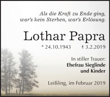 Traueranzeige von Lothar Papra von Mitteldeutsche Zeitung Weißenfels