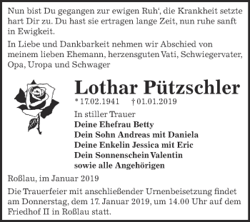 Traueranzeige von Lothar Pützschler von WVG - Wochenspiegel Dessau / Köthen