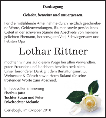 Traueranzeige von Lothar Rittner von Mitteldeutsche Zeitung Bernburg