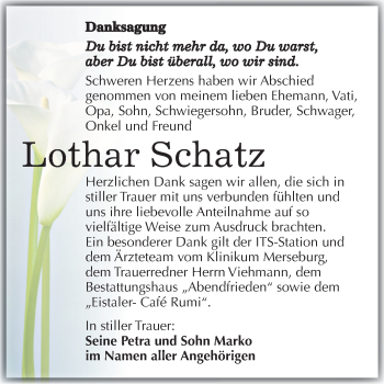 Traueranzeige von Lothar Schatz von Mitteldeutsche Zeitung Merseburg/Querfurt