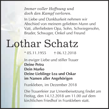 Traueranzeige von Lothar Schatz von WVG - Wochenspiegel Merseburg