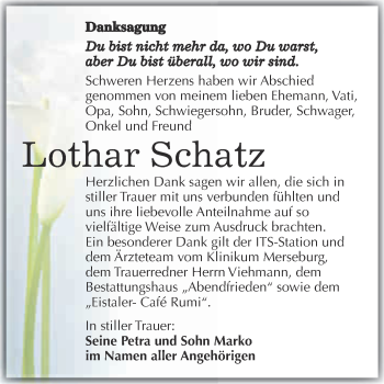 Traueranzeige von Lothar Schatz von WVG - Wochenspiegel Merseburg