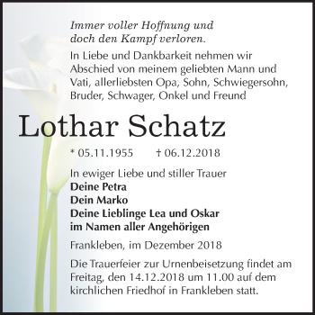 Traueranzeige von Lothar Schatz von Mitteldeutsche Zeitung Merseburg/Querfurt