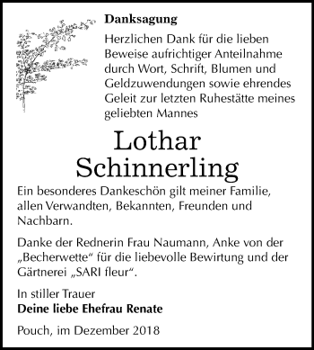 Traueranzeige von Lothar Schinnerling von Mitteldeutsche Zeitung Bitterfeld