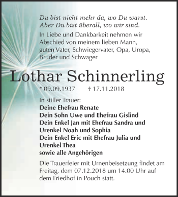 Traueranzeige von Lothar Schinnerling von WVG - Wochenspiegel Bitterfeld
